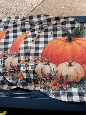 Set Of Four Autumn Pumpkin Plaid Round Placemats - Orange & Cream
